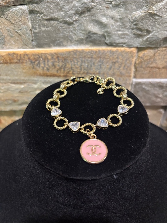 Upcycled Jewelry - Gold Chain Charm Bracelet with Pink Enamel CC Logo Disc